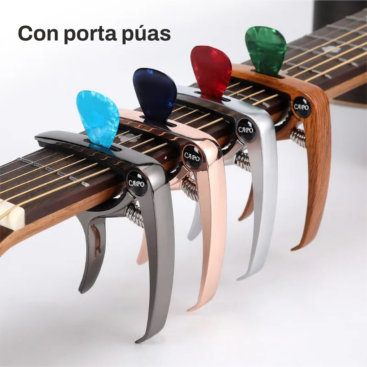 Capo Metálico Universal con Porta Púas y Levantador de Cuerdas – Para Guitarra Acústica, Guitarra Eléctrica y Ukelele